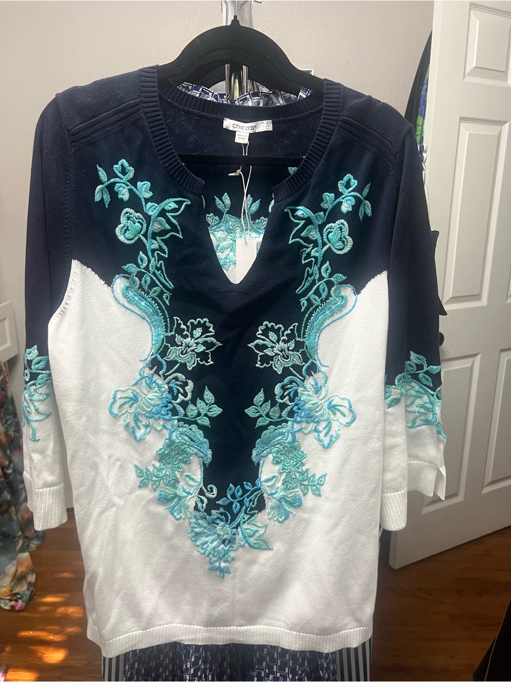 Chico's Navy, White & Aqua Embroidered V-Neck Pullover